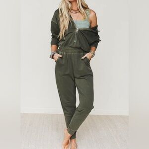 NWT Washed Olive Half Zip Hooded Hoodie Jumpsuit Sweatsuit Jumper Sweats Joggers